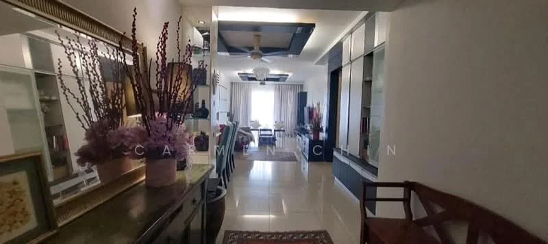 Room features: white painted walls, glossy tile flooring, recessed downlights, ceiling fan, large windows with sheer curtains, decorative mirror, console table, vase with flowers, area rug with geometric pattern, wooden bench, wall-mounted shelving, artwork on wall; style: modern; view: city.