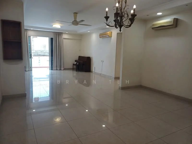 Living features: white painted walls, glossy tile flooring, 5-blade ceiling fan, chandelier, floor-to-ceiling windows, curtains, 2 wall-mounted split ACs, wooden bookshelf, sofa, dining table, light switches, power outlets; style: modern; view: city.