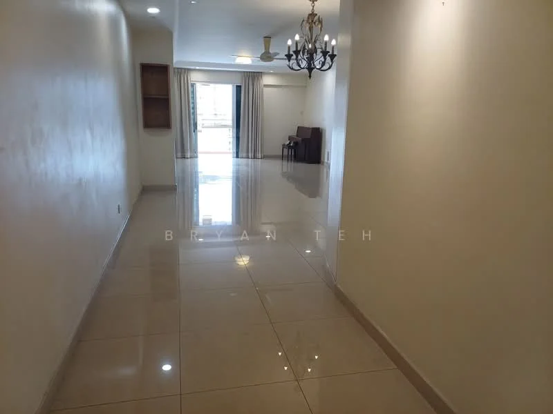 Room features: glossy tile flooring, white painted walls, recessed downlights, chandelier, ceiling fan, large windows, curtains, open space layout; style: modern.