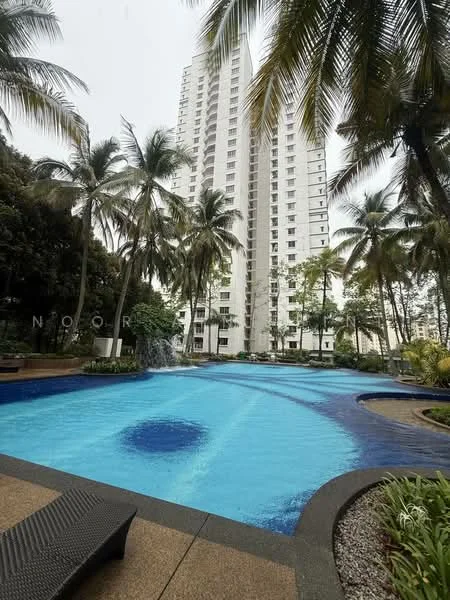 Exterior type: high-rise condominium; features: infinity pool, tropical landscaping, palm trees, water feature, pool deck with loungers, manicured garden, surrounded by greenery; style: modern.