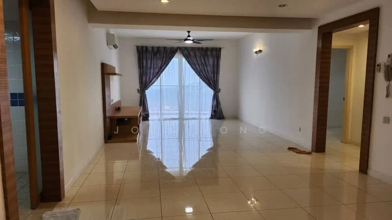 Living features: glossy tile flooring, white painted walls, ceiling fan with light, floor-to-ceiling windows, sheer curtains, wooden TV console, recessed lighting, neutral color scheme; style: modern; view: city.