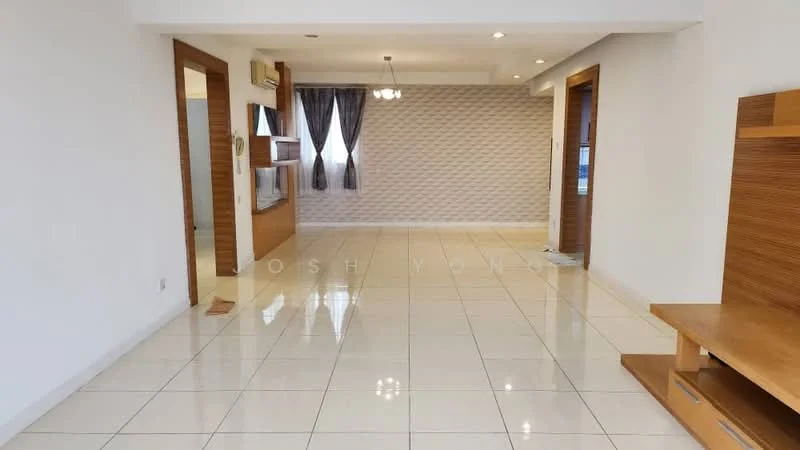 Living features: white painted walls, cream accent wall with textured pattern, glossy tile flooring, recessed downlights, ceiling light fixture, floor-to-ceiling windows with sheer curtains, wooden feature wall, open layout, air conditioning unit; style: modern.