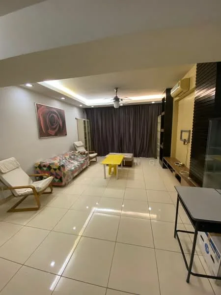 Living features: white painted walls, recessed downlights, marble tile flooring, 5-blade ceiling fan, sofa with colorful throw, yellow coffee table, glass display cabinet, curtains, TV console, wall-mounted TV; style: modern.