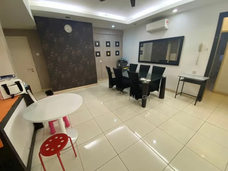 Living features: white painted walls, dark accent wall with floral pattern, glossy tile flooring, recessed downlights, ceiling fan, wall-mounted air conditioning unit, dining table with black chairs, small round table with pink and white legs, large wall mirror, clock on wall, built-in cabinetry, open layout; style: modern.