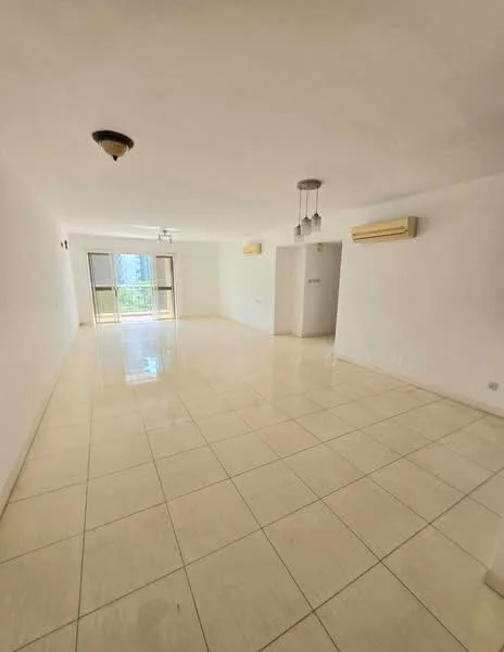 Living features: white painted walls, glossy ceramic tile flooring, recessed downlights, 2 wall-mounted split AC units, sliding glass door, floor-to-ceiling windows, balcony access, ceiling light fixture; style: modern; view: city.