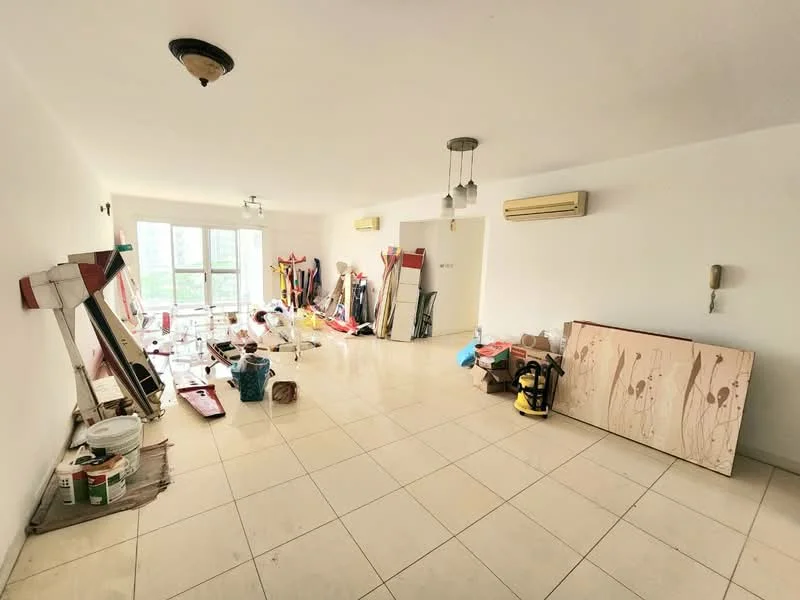 Room features: white painted walls, tile flooring, 2 wall-mounted split ACs, ceiling lights, large windows, unfurnished space, cluttered with various items.