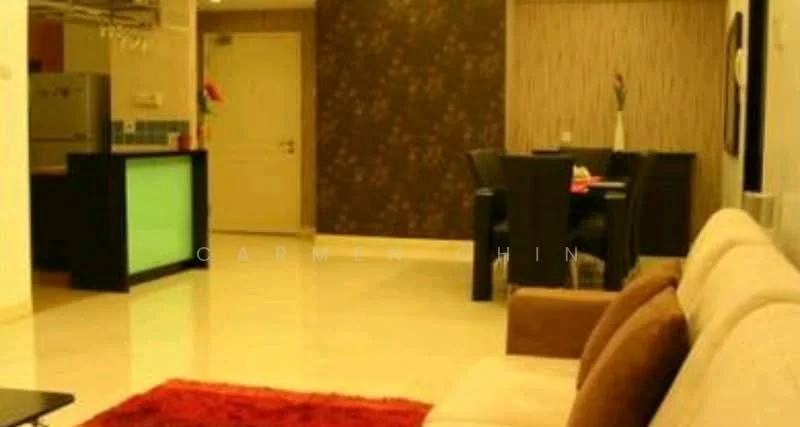 Living features: cream painted walls, dark accent wall with floral pattern, marble tile flooring, 3-seater fabric sofa in beige, 2-seater brown sofa, red area rug, dining table with black chairs, floor-to-ceiling windows, decorative vase, wall-mounted artwork, recessed downlights; style: modern.