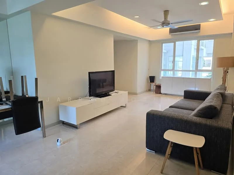 Living features: grey fabric sofa, white coffee table, TV console with storage, wall-mounted TV, recessed downlights, ceiling fan, large windows with natural light, marble flooring, neutral painted walls, decorative floor lamp, mirror reflecting space; style: modern.