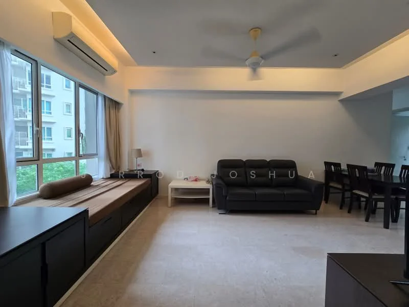 Living features: floor-to-ceiling windows, beige wall, cream ceiling, 5-blade ceiling fan with light, 3-seater leather sofa in black, wooden coffee table, built-in cabinetry, marble flooring, dining table with chairs in background; style: modern; view: garden.