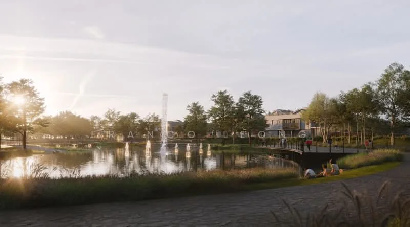 Exterior type: landscape garden; features: manicured lawn, mature trees, pond with fountain, walking path, seating areas, surrounding greenery, sunset lighting, water reflections; style: modern.