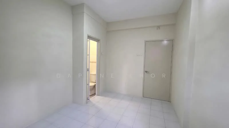 Room features: white painted walls, white tiled flooring, single door, door frame, light switch, window frame, visible bathroom door, neutral color scheme.