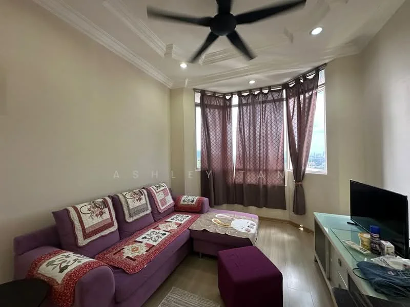 Living features: 3-seater fabric sofa in purple, decorative throw pillows, coffee table, TV console, wall-mounted TV, area rug, ceiling fan with light, floor-to-ceiling windows, sheer curtains, dark curtains, laminate flooring, crown moulding, wall-mounted decorative items; style: modern; view: city.