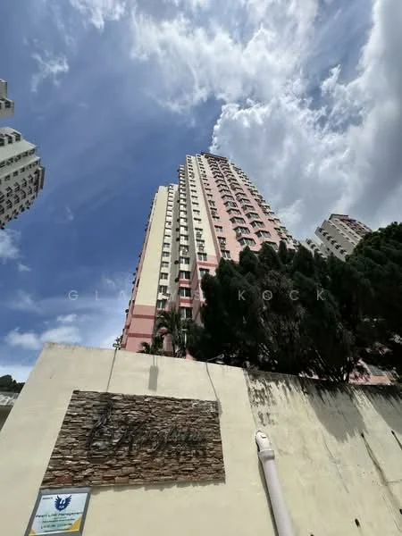 Exterior type: high-rise condominium; features: pink painted facade, glass curtain wall, approximately 20-storey high-rise, landscaped garden at base, signage at entrance, surrounded by mature trees; style: modern.