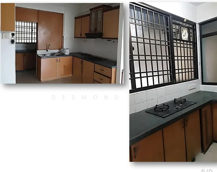 Kitchen features: brown wooden cabinetry, black granite countertop, double-basin stainless-steel sink, chrome pull-down faucet, built-in gas stove with two burners, white tiled backsplash, window with security bars, floor tiles, wall-mounted kitchen cabinet, open shelving, kitchen ventilation system; style: modern.