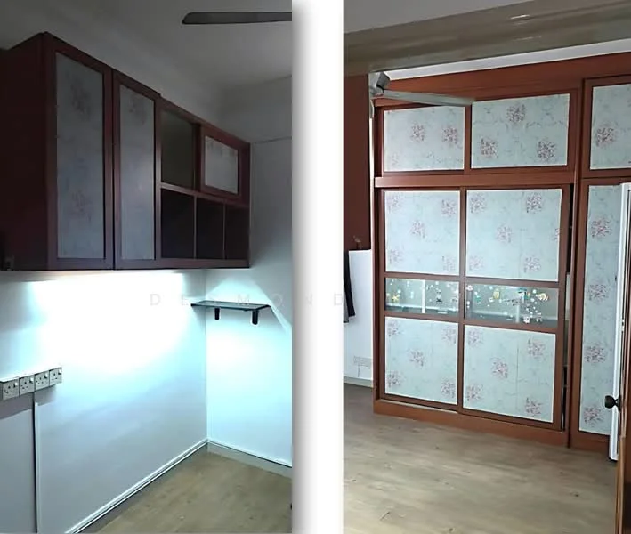 Room features: wooden cabinetry with glass panels, light-colored walls, laminate flooring, wall-mounted electrical outlets, sliding glass door with floral pattern, shelf mounted on wall, ceiling fan; style: modern.
