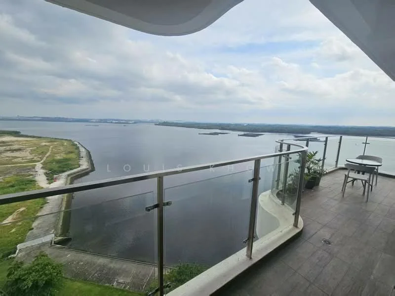Room features: glass railing, outdoor table, outdoor chairs, waterfront view, city skyline view, potted plants, grey tiled flooring, overcast sky; style: modern; view: water.