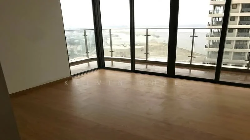 Room features: floor-to-ceiling windows, wooden flooring, neutral painted walls, city view, open layout, natural light, balcony access, minimalist design; style: modern; view: city.