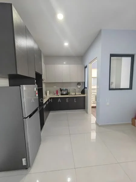 Kitchen features: grey cabinetry, white upper cabinets, stainless-steel fridge, built-in countertop, ceramic tile flooring, recessed downlights, single-bowl stainless-steel sink, chrome pull-down faucet, microwave, kitchen appliances visible, open layout, neutral wall color; style: modern.