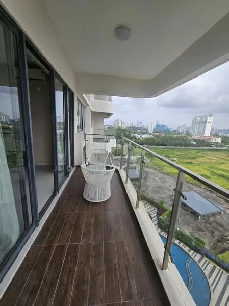 Balcony features: glass railing, wooden flooring, outdoor seating, city view, covered ceiling, sliding glass door; style: modern; view: city.