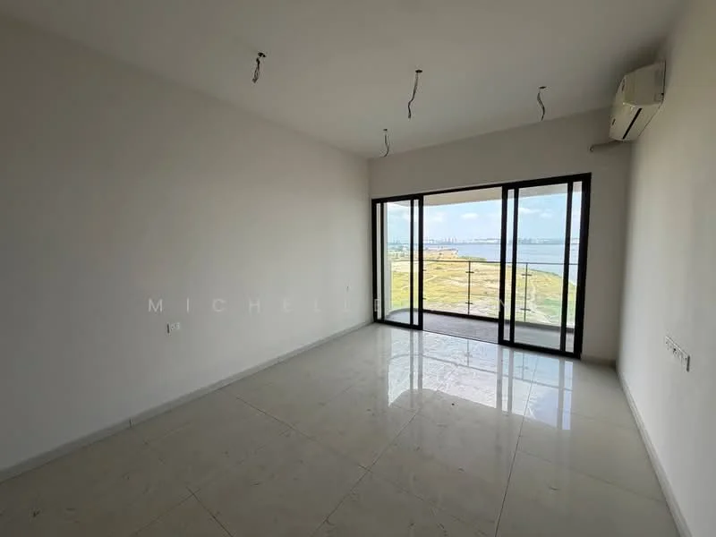 Room features: white painted walls, marble tile flooring, floor-to-ceiling windows, sliding glass door, view of water, recessed downlights, 1 wall-mounted split AC; style: modern; view: sea.
