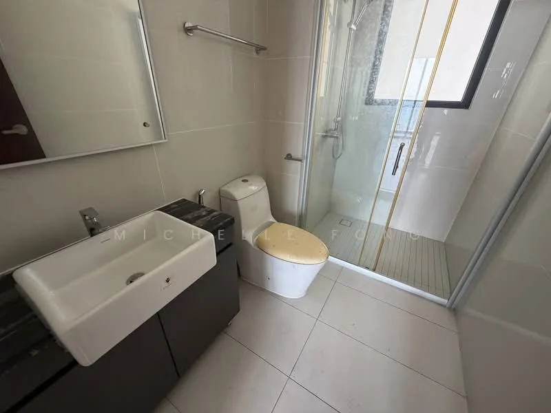 Bathroom features: single-sink vanity with dark wood cabinet, white ceramic sink, chrome basin mixer faucet, one-piece toilet, walk-in shower with glass enclosure, rain shower head, tile cladding on walls, white tiled flooring, mirror above vanity, shower with sliding door; style: modern.