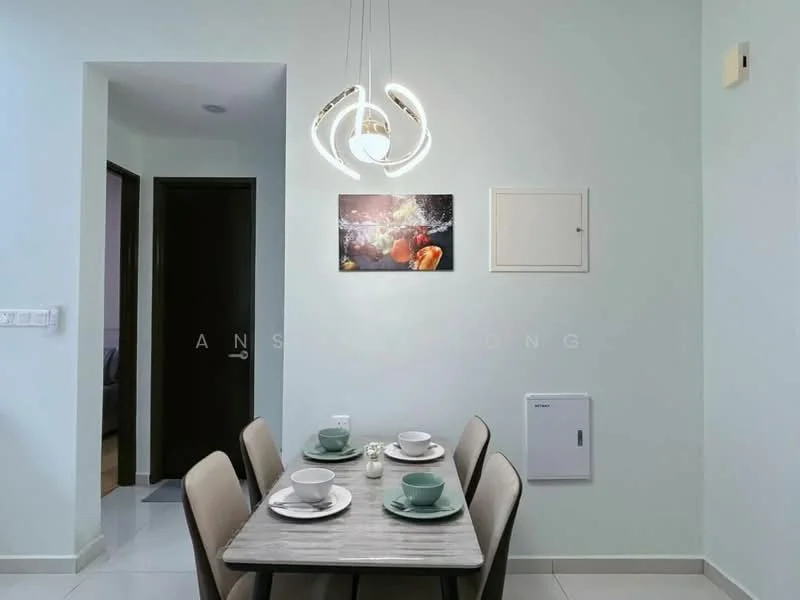 Dining features: 4-seater dining table, grey marble tabletop, upholstered dining chairs in beige, chandelier light fixture, light blue painted walls, white tiled flooring, decorative wall art, wall-mounted electrical panel; style: modern. Room features: doorway leading to another room, light source from ceiling.