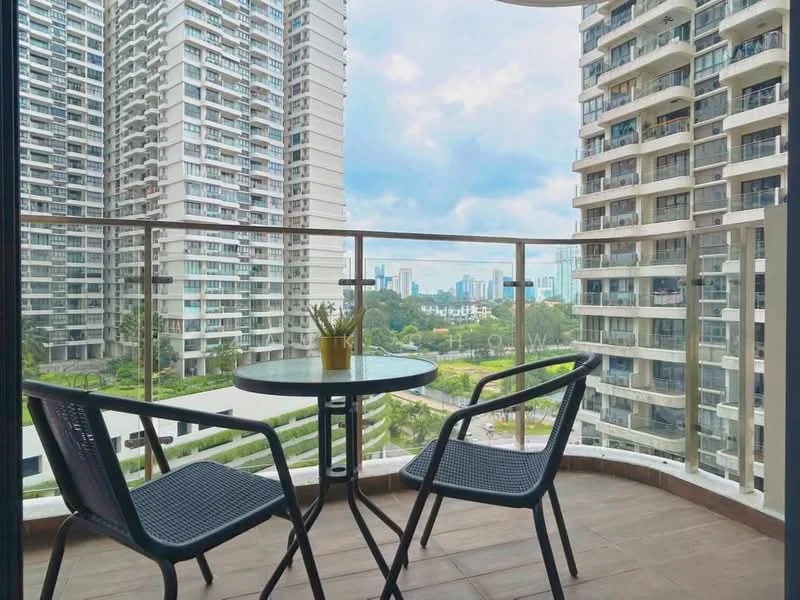 Balcony features: glass railing, round table, two black chairs, ceramic plant pot, tiled flooring, city skyline view, greenery view; style: modern; view: city.