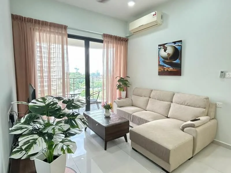 Living features: L-shape sectional sofa in beige, wood coffee table, floor-to-ceiling windows, sheer curtains, wall-mounted air conditioning unit, decorative wall art, potted houseplant, ceramic floor tiles, recessed downlights; style: modern; view: city.