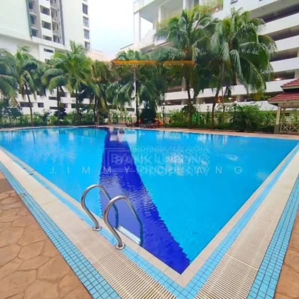 Exterior type: swimming pool deck; features: infinity pool, surrounded by palm trees, pool deck with loungers, tiled pool edge, blue mosaic tiles, landscaped garden area, covered pavilion, residential buildings in background; style: modern.