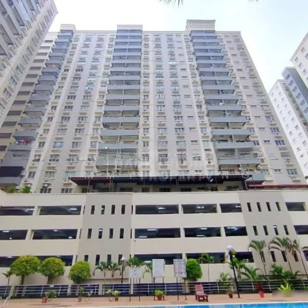 Exterior type: high-rise condominium; features: glass curtain wall, multiple balconies, parking deck, manicured landscaping, palm trees, swimming pool, outdoor lighting, elevated structure, security features, modern facade; style: modern.