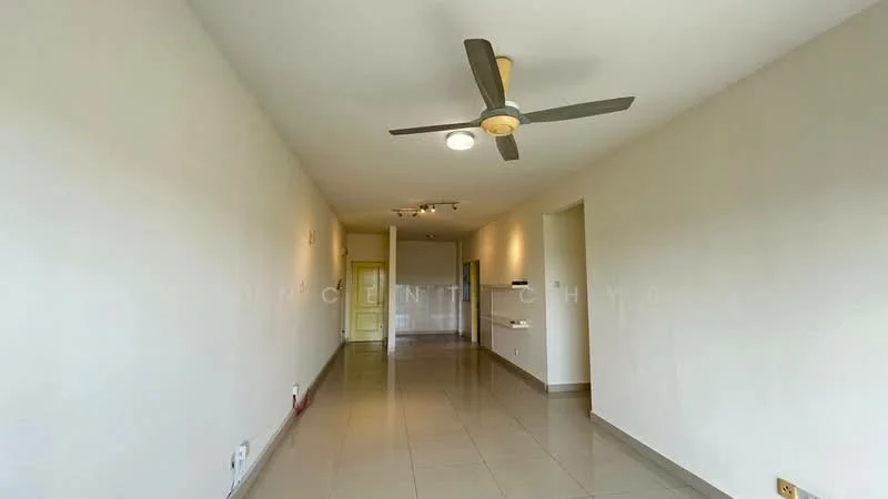 Living features: white painted walls, glossy tile flooring, 5-blade ceiling fan with light, recessed downlights, large windows, neutral color scheme, open layout, no visible furniture; style: modern.