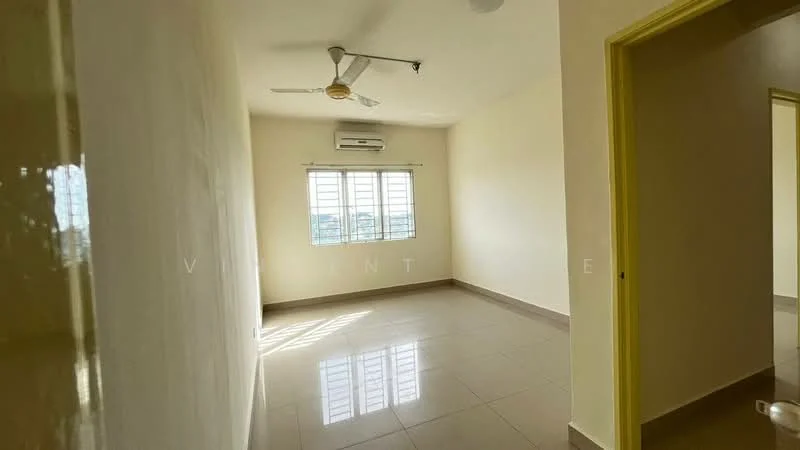 Room features: cream painted walls, glossy tile flooring, ceiling fan, window with white grilles, air conditioning unit, natural light from window, neutral color scheme, corner of room visible; style: modern; view: city.