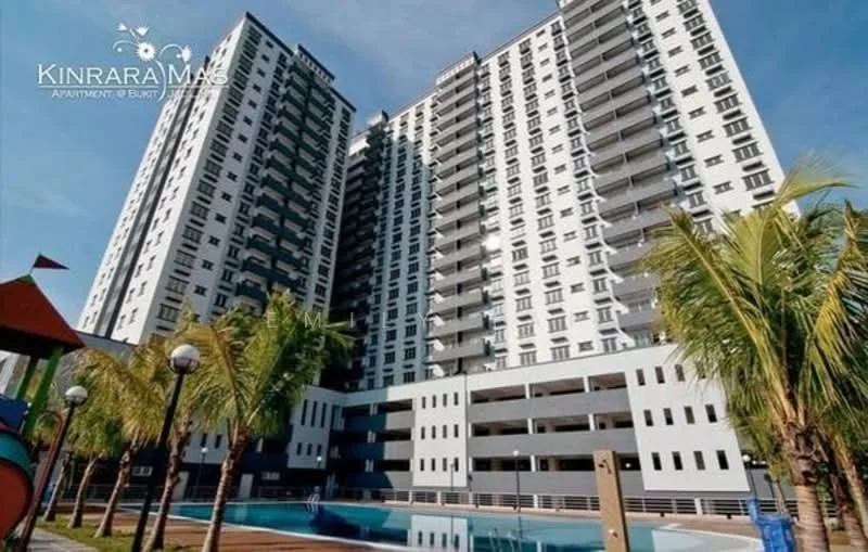 Exterior type: high-rise condominium; features: glass curtain wall, white painted facade, balconies on each floor, swimming pool, landscaped garden with palm trees, outdoor lighting fixtures, playground area, manicured lawn; style: modern.