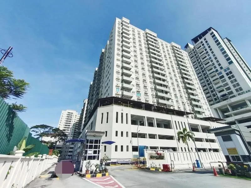 Exterior type: high-rise condominium; features: glass curtain wall, white painted facade, multiple balconies, parking deck, surrounded by greenery, manicured landscaping, driveway with interlocking pavers, security guard house at entrance; style: modern.