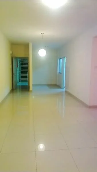 Room features: white painted walls, glossy ceramic tile flooring, ceiling light fixture, large window, sliding glass door, open layout, neutral color scheme; style: modern.