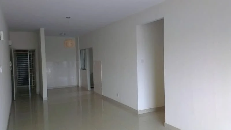 Room features: white painted walls, glossy tile flooring, recessed ceiling lights, open layout, large window, neutral color scheme, no visible furniture, doorway leading to another room; style: modern.