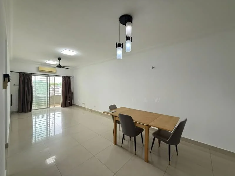 Dining features: dining table with wooden surface, 4 dining chairs in grey upholstery, white painted walls, cream tiled flooring, 5-blade ceiling fan with light, recessed ceiling lights, floor-to-ceiling windows, curtains in dark brown, sliding glass door leading to balcony, air conditioning unit on wall; style: modern; view: garden.