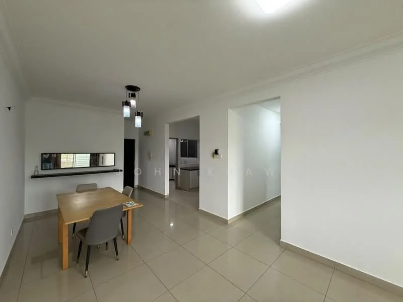 Dining features: dining table with four chairs, white painted walls, tile flooring, ceiling with recessed lighting, mirror on wall, open layout to adjacent rooms; style: modern. Room features: white painted walls, tile flooring, doorway leading to another room.