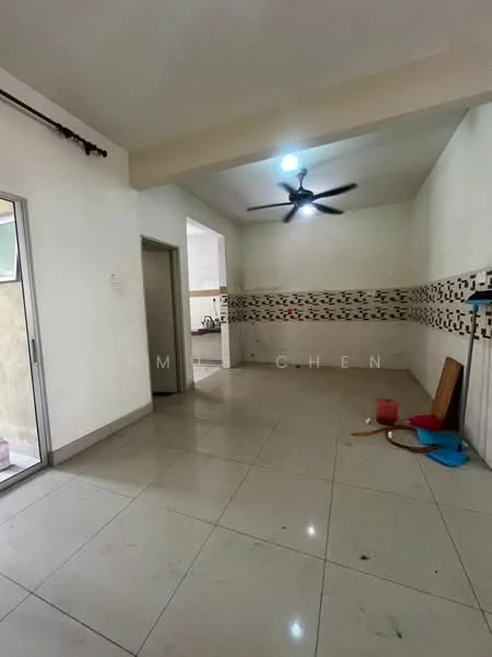 Room features: white painted walls, cream tiled flooring, ceiling fan, sliding glass door, kitchen backsplash with mosaic pattern, open layout, natural light from window, unfinished space with construction materials.