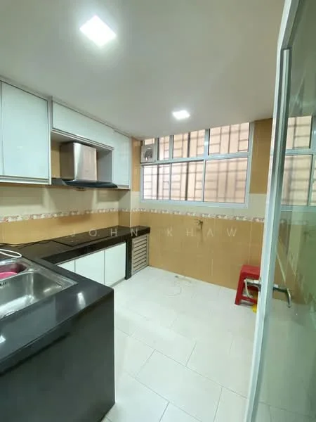Kitchen features: white cabinetry with flat-panel doors, black countertop, stainless-steel sink, chrome pull-down faucet, built-in stainless-steel range hood, ceramic tile flooring, tile backsplash, window with grid pattern, under-counter wine rack, recessed LED downlights; style: modern.