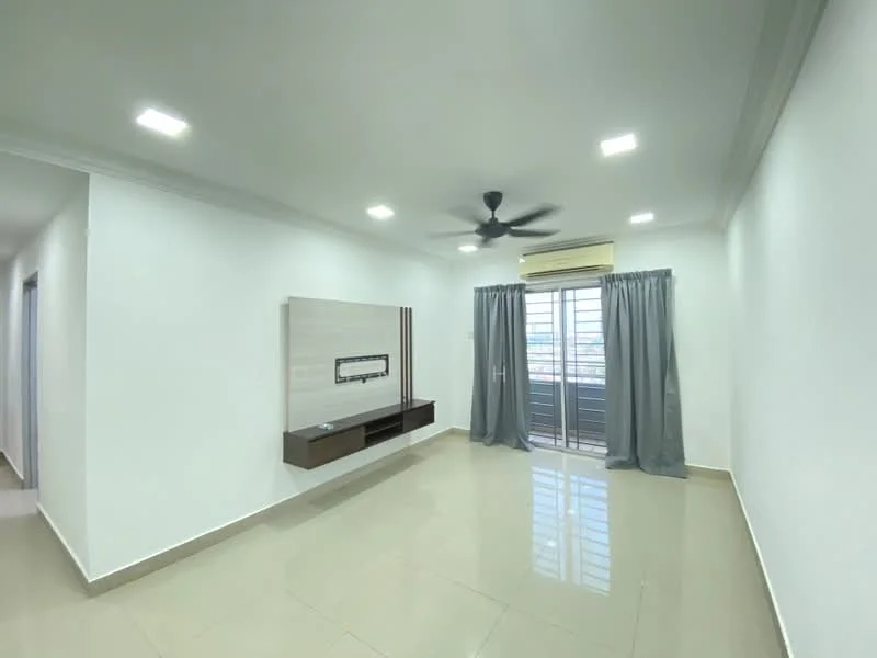 Living features: white painted walls, glossy ceramic tile flooring, recessed LED downlights, 5-blade ceiling fan, sliding glass door, floor-to-ceiling windows, grey sheer curtains, wall-mounted TV console; style: modern; view: city.