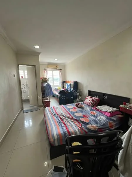 Bedroom features: two beds, striped bedding, decorative pillows, wall-mounted shelves, white painted walls, glossy tile flooring, window with sheer curtains, ceiling light fixture, black headboard, study desk with chair.