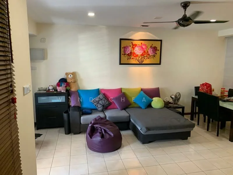Living features: L-shape sectional sofa in grey, decorative cushions in various colors, bean bag chair in purple, coffee table, wall-mounted artwork with floral design, ceiling fan, tile flooring, TV console, wall-mounted shelves, decorative stuffed toys; style: modern.