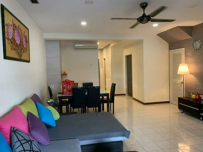 Living features: grey fabric sofa with colorful cushions, coffee table, wall-mounted TV, sideboard with drawers, ceiling fan with light, recessed downlights, white painted walls, tile flooring, decorative wall clock, dining table with black chairs, air conditioning unit; style: modern.