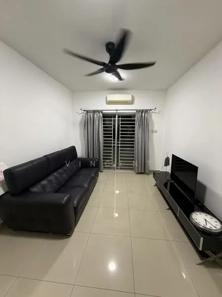 Living features: black leather sectional sofa, wall-mounted flat-screen TV, black TV console, large wall clock, white painted walls, glossy beige tile flooring, 5-blade ceiling fan, wall-mounted split AC, floor-to-ceiling sliding glass door, grey curtains; style: modern.