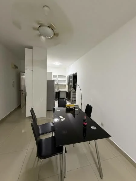 Dining features: black dining table with chrome legs, 4 black dining chairs, ceiling fan, white painted walls, glossy tile flooring, refrigerator, built-in cabinetry, open shelving; style: modern.