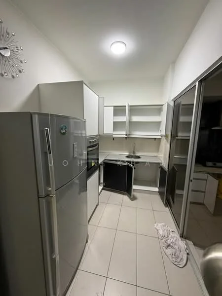 Kitchen features: white cabinetry, stainless-steel fridge, built-in oven, ceramic tile flooring, single-bowl stainless-steel sink, chrome pull-down faucet, open shelving, countertop space, sliding glass door, recessed ceiling light; style: modern.