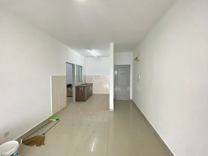 Room features: white painted walls, light-colored tiled flooring, kitchen area with countertop, open layout, doorway leading to another room, window with natural light, clean and uncluttered space, ceiling lights; style: modern.
