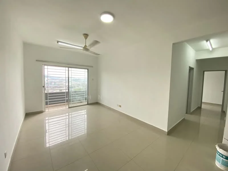 Living features: white painted walls, glossy ceramic tile flooring, 5-blade ceiling fan with light, floor-to-ceiling sliding glass door, balcony access, recessed LED downlights, neutral color scheme, open layout; style: modern; view: city. Room features: white painted walls, glossy ceramic tile flooring, doorway leading to hallway, doorway leading to another room.