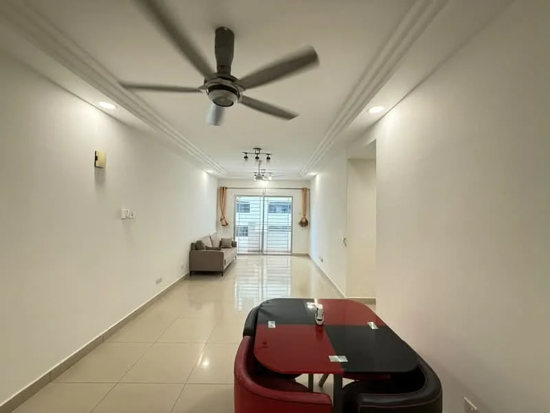 Living features: white painted walls, glossy ceramic tile flooring, 5-blade ceiling fan with light, recessed downlights, sofa in beige, dining table with black and red accents, sliding glass door, curtains, decorative wall sconce; style: modern.